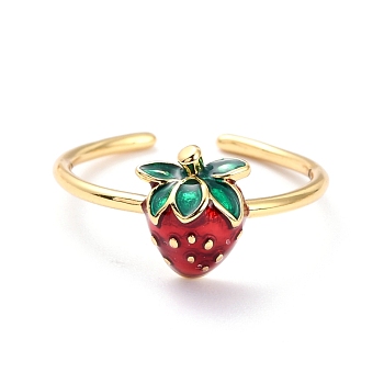 Brass Enamel Strawberry Cuff Rings, Open Rings, Golden, Dark Red, US Size 6, Inner Diameter: 17.2mm