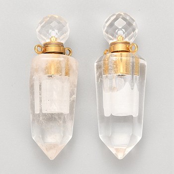 Faceted Natural Quartz Crystal Openable Perfume Bottle Pointed Pendants, Rock Crystal, with Golden Plated 304 Stainless Steel Findings, Bullet, 44~46x15x13~13.5mm, Hole: 1.8mm, Bottle Capacity: 1ml(0.034 fl. oz)