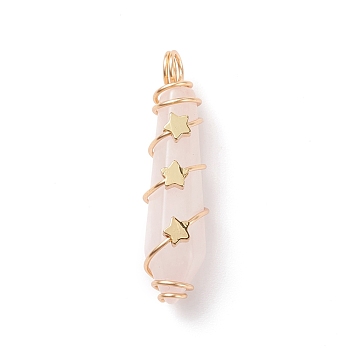 Natural Rose Quartz Pointed Pendants, Bullet Charm, with Real 18K Gold Plated Tone Copper Wire Wrapped and Brass Star Beads, Faceted, 37x10~11x11~12mm, Hole: 3.5mm