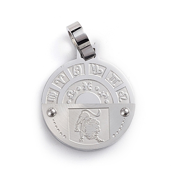 304 Stainless Steel Pendants, Flat Round with Constellation/Zodiac Sign, Leo, 25.5x22x6mm, Hole: 6mm