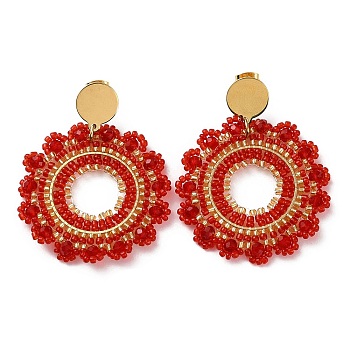 Woven Glass Beaded Flower Dangle Stud Earrings, with Vacuum Plating 304 Stainless Steel Pins, Red, 54x43mm