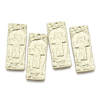 Alloy Hammered Pendants, Rectangle with Cross, Cadmium Free & Nickel Free & Lead Free, Real 16K Gold Plated, 33x13x1.5mm, Hole: 1.6mm
