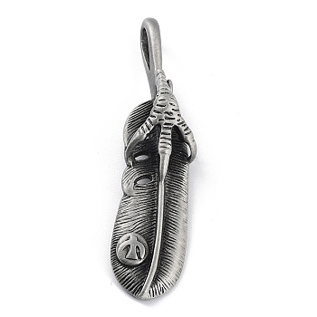 Tibetan Style Alloy Big Pendants, Frosted, Feather and Eagle Charm, Antique Silver, 72x17x14mm, Hole: 12x6mm