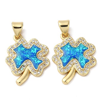 Brass Micro Pave Blue Cubic Zirconia Pendants, with Shell, Clover, Real 18K Gold Plated, 20x15.5x2.5mm, Hole: 4x3mm