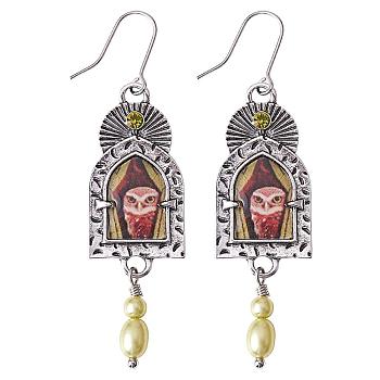 Arch with Owl Dangle Earrings with Enamel, Alloy Jewelry for Women, Antique Silver, 61x16.2mm