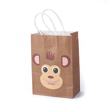 kraft Paper Bags, with Handles, Gift Bags, Shopping Bags, Brown Paper Bag, Rectangle, Monkey, Sienna, 21.3x14.9x8cm