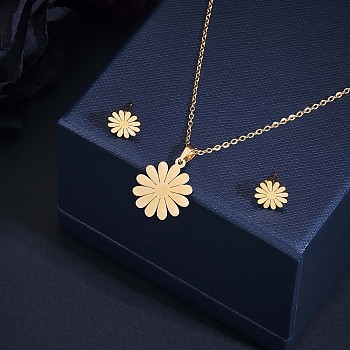 316 Surgical Stainless Steel Daisy Stud Earrings and Pendant Necklace, Jewelry Set for Women, Golden, 16.93 inch(430mm), 17mm, Pin: 0.8mm