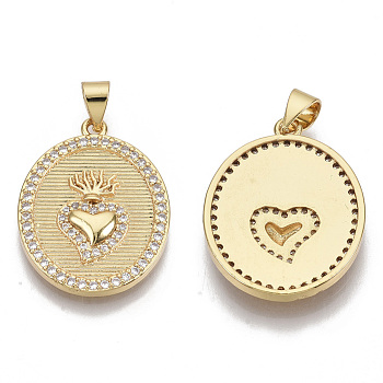 Brass Micro Pave Cubic Zirconia Pendants, with Brass Snap on Bails, Oval with Heart, Real 18K Gold Plated, Clear, 24x18.5x2mm, Hole: 3x5mm