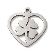 201 Stainless Steel Pendants, Laser Cut, Stainless Steel Color, Heart Charm, Clover, 15x14x1mm, Hole: 1mm(STAS-E206-06P-02)