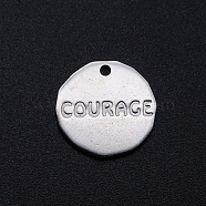 201 Stainless Steel Pendants, Flat Round with Word Courage, Stainless Steel Color, 16x1mm, Hole: 1.5mm(STAS-S105-T738)