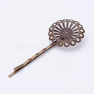 Iron Hair Bobby Pin Findings, with Brass Filigree Findings, Antique Bronze, Tray: 25mm; 63x2x6.5mm(PHAR-D008-B04)