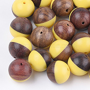 Resin & Walnut Wood Beads, Round, Yellow, 15~15.5mm, Hole: 1.6mm(RESI-S358-68F)