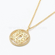 Brass Micro Pave Clear Cubic Zirconia Pendant Necklaces, Flat Round with Letter, Real 18K Gold Plated, Letter.D, 16.14~17.20 inch(41~43.7cm)(NJEW-J059-01D)