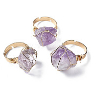Adjustable Natural Amethyst Finger Rings, with Light Gold Brass Findings, Nuggets, US Size 8 1/4(18.3mm)(RJEW-T019-02G-KC)