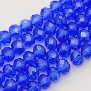 Glass Beads Strands, Pearl Luster Plated, Crystal Suncatcher, Faceted Rondelle, Royal Blue, 6x4mm, Hole: 1mm, about 87~90pcs/strand, about 14 inch(X-EGLA-GR6MMY-24L)