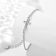 Stainless Steel Cross Link Bracelet with Cable Chains, Platinum, 6-1/2 inch(16.5cm)(WG69072-01)