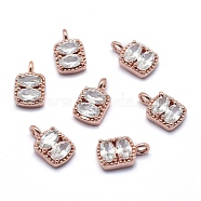 Brass Charms, with Cubic Zirconia, Cadmium Free & Nickel Free & Lead Free, Rectangle, Clear, Real Rose Gold Plated, 11x6.5x3mm, Hole: 2mm(ZIRC-J040-33RG-NR)