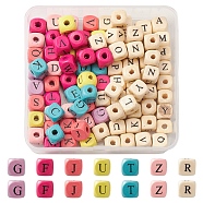 100Pcs 2 Styles Natural Wood Printed Beads, Horizontal Hole, Cube with Initial Letter, Mixed Dyed and Undyed, Mixed Color, 10x10x10mm, Hole: 3~4mm, 50pcs/style(WOOD-FS0001-08)
