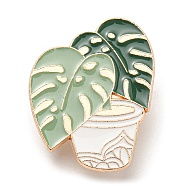 Plant Theme Enamel Pins, Light Gold Zinc Alloy Brooch, Monstera Leaf, Green, 30.5x25x1.4mm(JEWB-C022-01D)