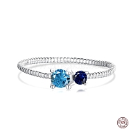 Rhodium Plated 925 Sterling Silver Finger Ring with Blue Cubic Zirconia, Real Platinum Plated, US Size 7(17.3mm)(RJEW-F150-62B-P)