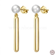 925 Sterling Silver Oval Dangle Stud Earrings with Pearl Beaded, with S925 Stamp, Golden, 33mm(EJEW-P231-23G)
