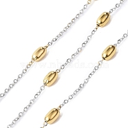 Two Tone 304 Stainless Steel Satellite Chains, Unwelded, with Spool, Golden & Stainless Steel Color, 2x1.5x0.3mm, 7x4mm, about 32.81 Feet(10m)/Roll(CHS-I020-02A)