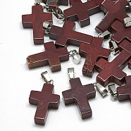 Natural Red Jasper Pendants, with Stainless Steel Snap On Bails, Cross, 29~30x18~19x5~6mm, Hole: 6x4mm(G-T080-10)