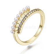 Brass Micro Pave Clear Cubic Zirconia Cuff Rings, Open Rings, with ABS Plastic Imitation Pearl, Nickel Free, Real 16K Gold Plated, US Size 6(16.5mm)(RJEW-S044-117-NF)
