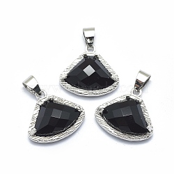 Natural Black Agate Pendants, with Brass Findings, Triangle, Faceted, Platinum, 17.5x19x6.5mm, Hole: 3.5x5mm(G-O176C-09P)