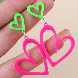 Fashionable Stainless Steel Acrylic Dangle Stud Earrings, Heart, Stainless Steel Color, Magenta, 58x30mm(FS-WGAB06E-02)