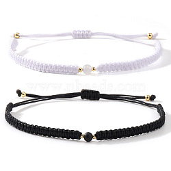 2Pcs Adjustable Valentine's Day Couple Braided Bracelet Sets, with Round Glass & Brass Beads, White & Black, 11.02 inch(28cm)(BJ0894-1)