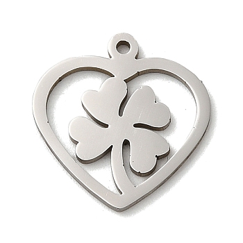 201 Stainless Steel Pendants, Laser Cut, Stainless Steel Color, Heart Charm, Clover, 15x14x1mm, Hole: 1mm