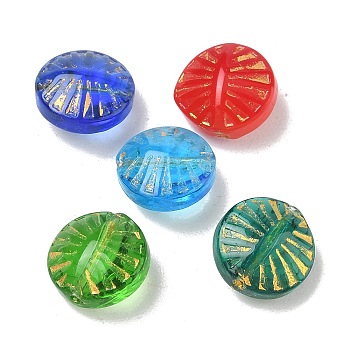 Baking Paint Transparent Glass Beads, Golden Metal Enlaced, Flat Round, Mixed Color, 12x12x7mm, Hole: 1mm