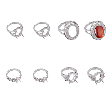 8Pcs 4 Style Adjustable Brass Finger Ring Components, Pad Ring Settings, 4 Claw Prong Settings, Platinum, Tray: 7.5~16x5~12mm, Inner Diameter: 16~18mm, 2Pcs/style