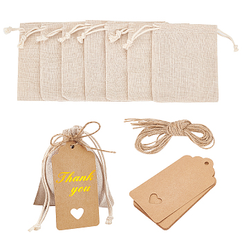 10Pcs Cotton Packing Pouches Drawstring Bags, with Jute Cords and Kraft Paper Gift Tags, Wheat, 11x9.5cm