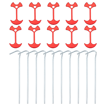 SUPERFINDING 15Pcs Aluminum Alloy Fishbone Tent Stakes Pegs and 10Pcs Iron Camping Tent Pegs, Red, 180x4mm, 67x36x4mm, Hole: 7.5mm