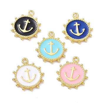 Eco-Friendly Stainless Steel Enamel Pendants, Real 18K Gold Plated, Long-Lasting Plated, Flat Round with Anchor, Mixed Color, 20x16.5x2.2mm, Hole: 1.9mm