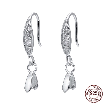 Rhodium Plated 925 Sterling Silver Earring Hooks, with Cubic Zirconia, with S925 Stamp, Platinum, 24mm, 24 Gauge, Pin: 0.5mm and 0.6mm