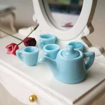 Mini Porcelain Tea Set, including 1Pc Teapot, 4Pcs Teacup, for Dollhouse Accessories, Pretending Prop Decorations, Sky Blue, Teacup: 10x6x6mm, Teapot: 24x12x16mm