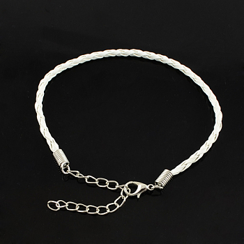 Trendy Braided Imitation Leather Bracelet Making, with Iron Lobster Claw Clasps and End Chains, White, 200x3mm