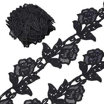 Polyester Lace Trim, for Sewing Craft, Flower, Black, 3 inch(75mm)