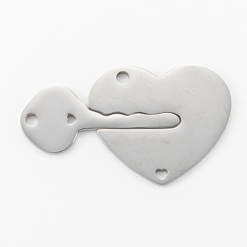 304 Stainless Steel Split Pendants, Key and Heart Lock, Stainless Steel Color, 26x44.5x1.4mm, Hole: 2mm