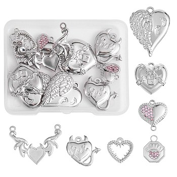 14Pcs 7 Style 304 Stainless Steel Pendant, Heart & Octagon with Heart, Stainless Steel Color, 14~28x12.5~30x1.5~3mm, Hole: 1.4~2mm, 2pcs/style