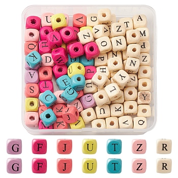 100Pcs 2 Styles Natural Wood Printed Beads, Horizontal Hole, Cube with Initial Letter, Mixed Dyed and Undyed, Mixed Color, 10x10x10mm, Hole: 3~4mm, 50pcs/style