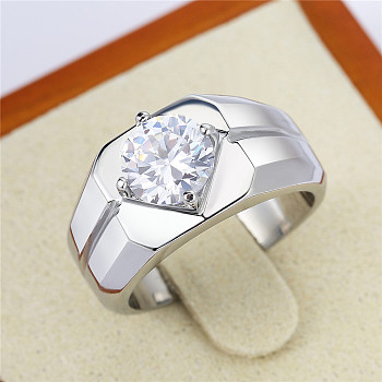 304 Stainless Steel Pave Clear Cubic Zirconia Finger Rings for Men, Flat Round, Stainless Steel Color, US Size 7(17.3mm)