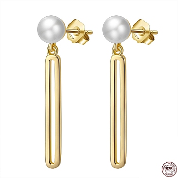 925 Sterling Silver Oval Dangle Stud Earrings with Pearl Beaded, with S925 Stamp, Golden, 33mm