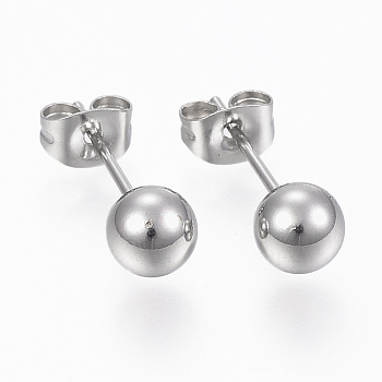 201 Stainless Steel Ball Stud Earrings, Hypoallergenic Earrings, with 316 Surgical Stainless Steel Pins, Stainless Steel Color, 8mm, Pin: 0.8mm
