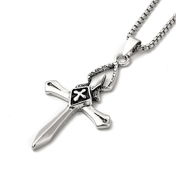 Alloy Cross Pandant Necklace with Box Chains, Gothic Jewelry for Men Women, Antique Silver, 23.62 inch(60cm)