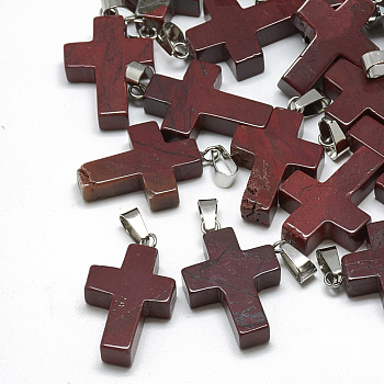 Natural Red Jasper Pendants, with Stainless Steel Snap On Bails, Cross, 29~30x18~19x5~6mm, Hole: 6x4mm