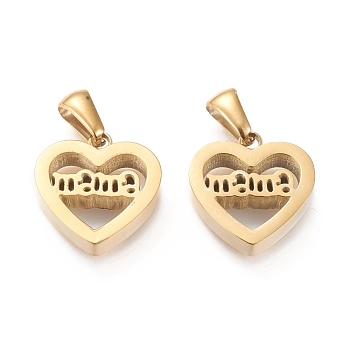Mother's Day Ion Plating(IP) 304 Stainless Steel Pendants, Cut-Out, Hollow, Manual Polishing, Heart with Word Mama, Golden, 15x15x3.5mm, Hole: 3x6mm